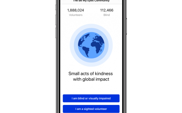 be my eyes app on an iphone. Screen says, "1888024 volunteers, 112,466 blind, small acts of kindness with a global impact." picture of globe, and 2 buttons on bottom. One button says "I am blind or visually impaired" other says "I am a sighted volunteer"