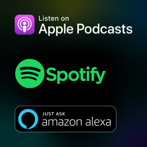 Apple podcast logo, Spotify logo, and amazon Alexa logo.