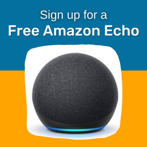 Text says "sign up for a free amazon echo" with a picture of an echo device.