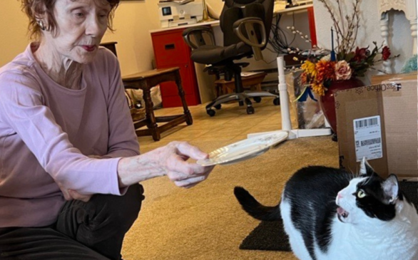 Elizabeth crouching feeding a cat