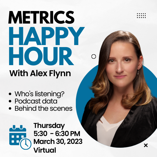 Metrics happy hour with alex flynn. Whos listening? podcast data, behind the scenes. Thursday 5:30-6:30. March 30, 2023, virtual. Headshot of Alex